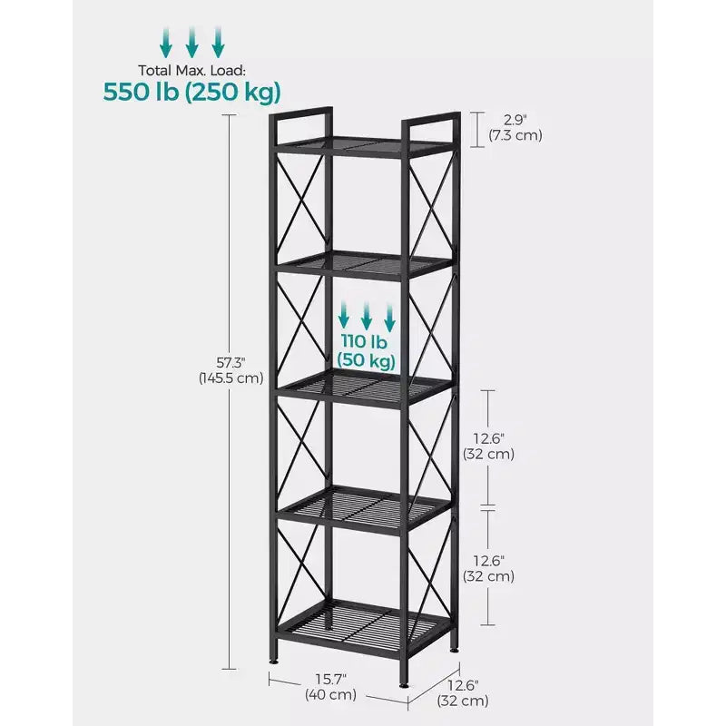 Scaffale metallico a 5 ripiani, unità di scaffalatura con telaio a X laterale, rete densa, 32 x 40 x 145,5 cm, nero inchiostro