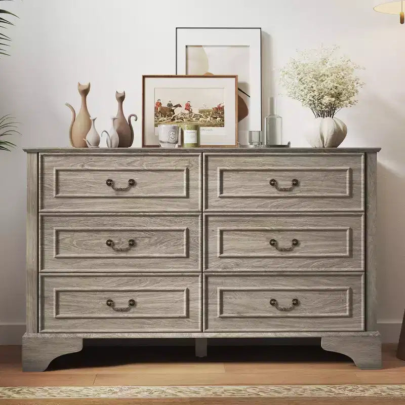 Cassettiera rustica da 120 cm con 6 cassetti per camera da letto, texture naturale, grigio