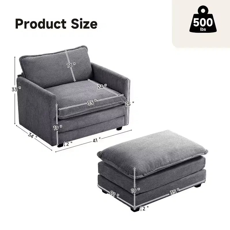 41.34 Poltrona accentata oversize in velluto a coste, poltrona divano con pouf e seduta ampia, poltrone moderne da lettura per camera da letto e soggiorno