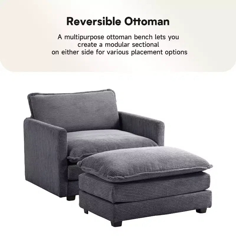 41.34 Poltrona accentata oversize in velluto a coste, poltrona divano con pouf e seduta ampia, poltrone moderne da lettura per camera da letto e soggiorno