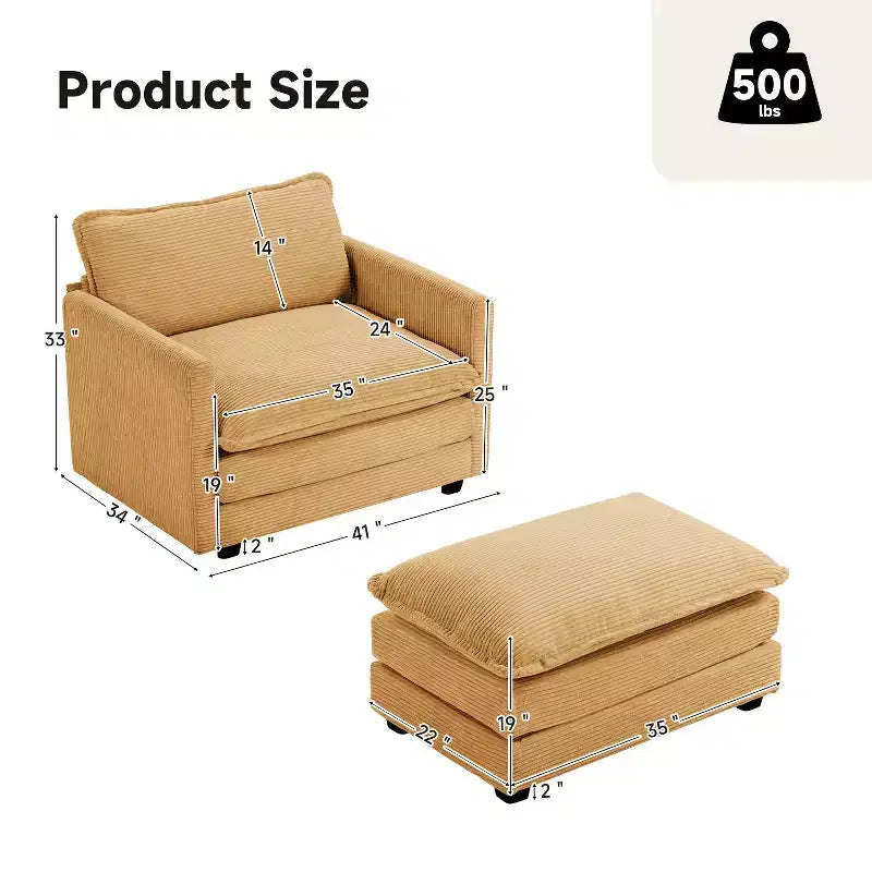 41.34 Poltrona accentata oversize in velluto a coste, poltrona divano con pouf e seduta ampia, poltrone moderne da lettura per camera da letto e soggiorno