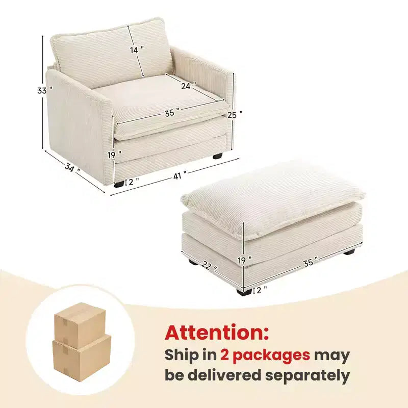 41.34 Poltrona accentata oversize in velluto a coste, poltrona divano con pouf e seduta ampia, poltrone moderne da lettura per camera da letto e soggiorno