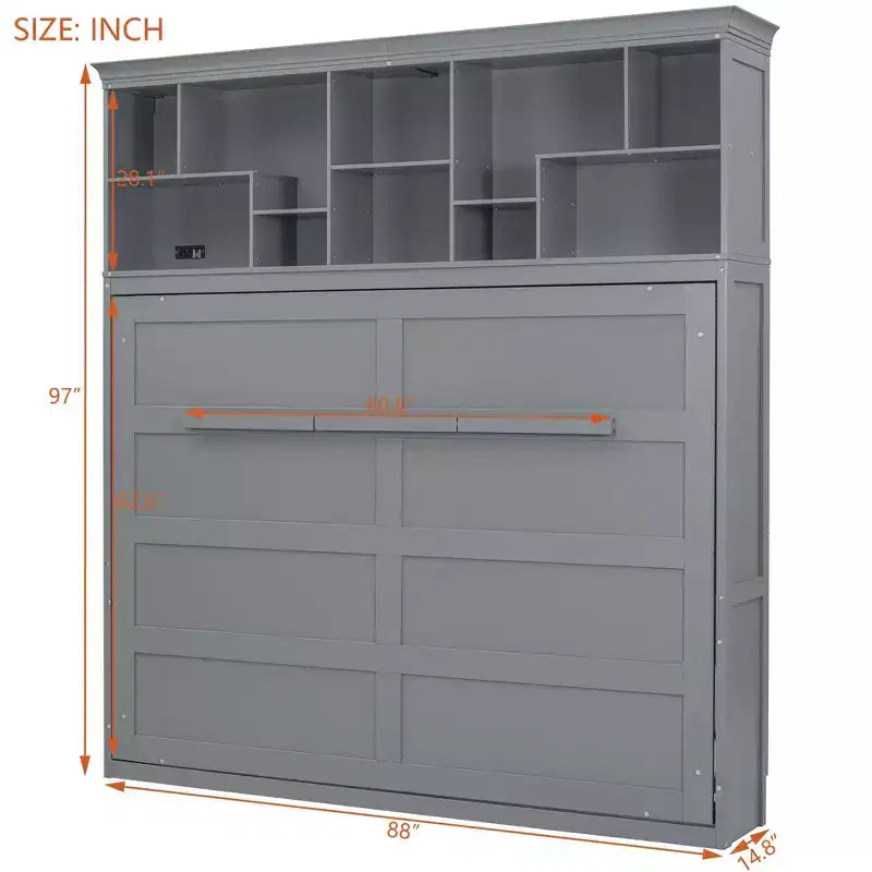 Letto a scomparsa matrimoniale Queen size dal design moderno, ripiegabile in un mobile con ripiani superiori e porte USB
