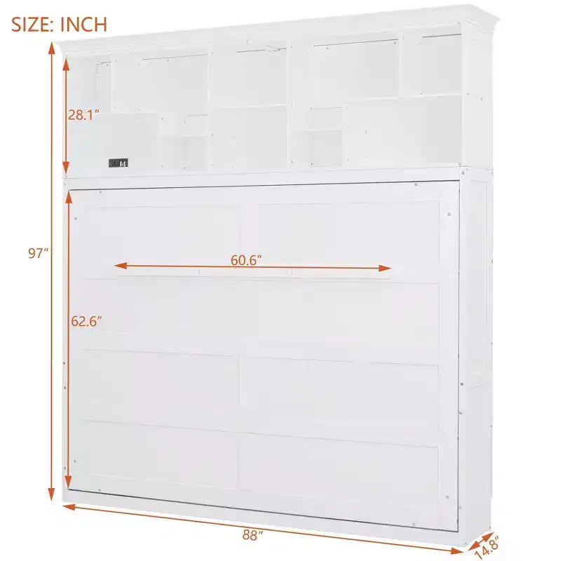 Letto a scomparsa matrimoniale Queen size dal design moderno, ripiegabile in un mobile con ripiani superiori e porte USB