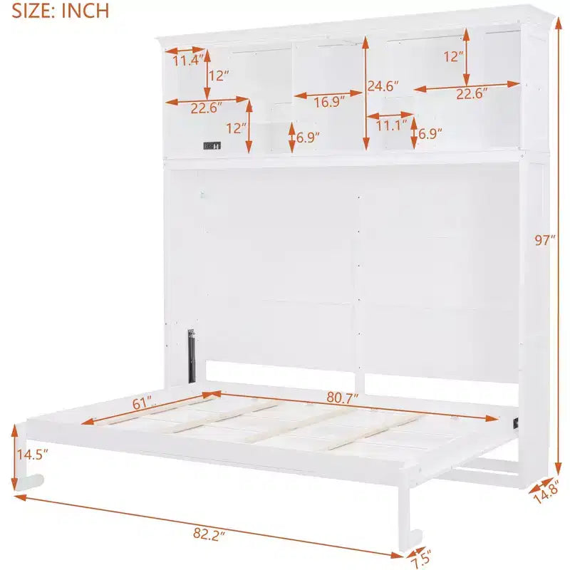 Letto a scomparsa matrimoniale Queen size dal design moderno, ripiegabile in un mobile con ripiani superiori e porte USB