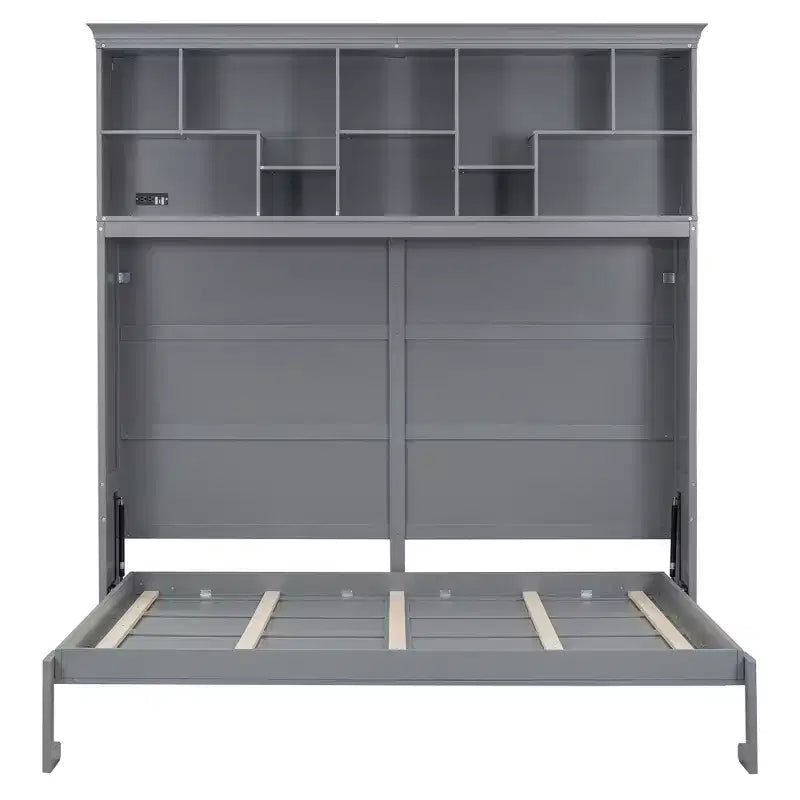 Letto a scomparsa matrimoniale Queen size dal design moderno, ripiegabile in un mobile con ripiani superiori e porte USB