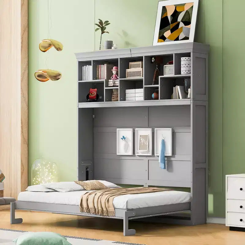 Whisen Modern Design Queen Size Murphy Bed Wall Bed, Folded into a Cabinet with Top Shelves and USB Ports