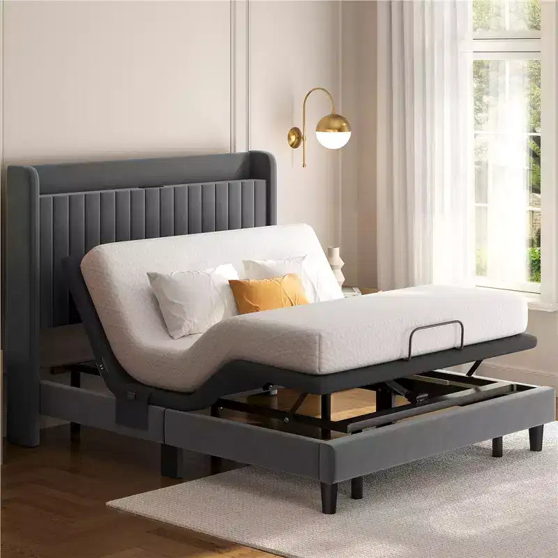 Yaheetech Upholstered Adjustable Bed Frame with Independent Head andFoot Incline