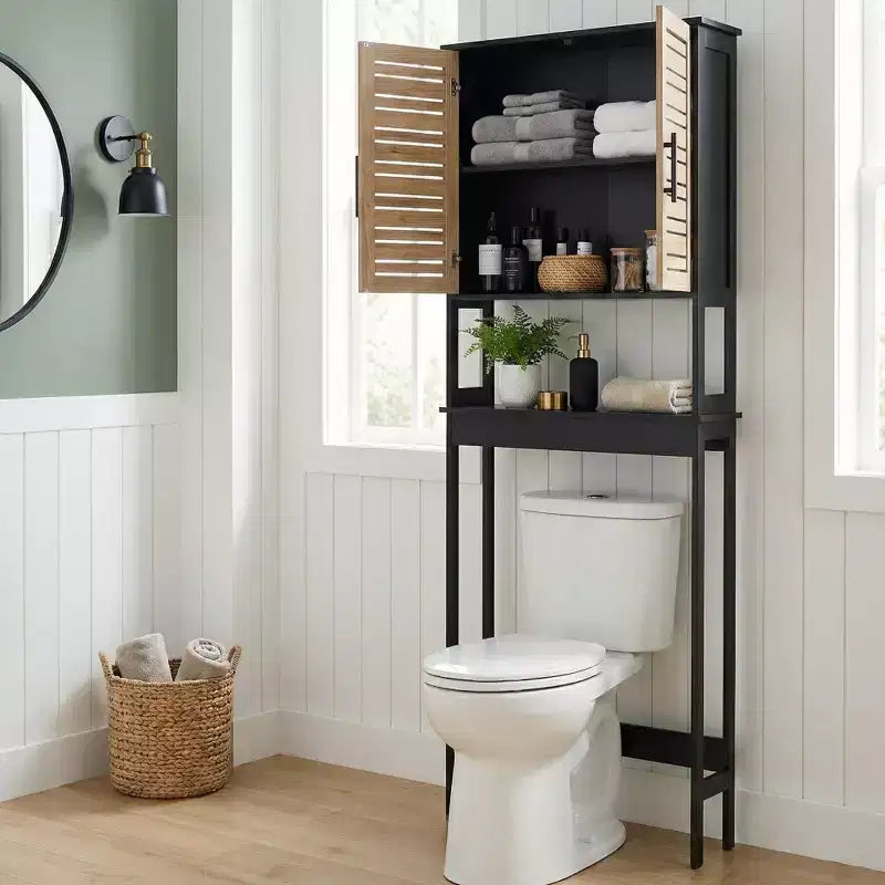 Armadietto pensile per bagno salvaspazio da mettere sopra il WC, con doppie ante a persiana e ripiano a vista, Nero e Marrone