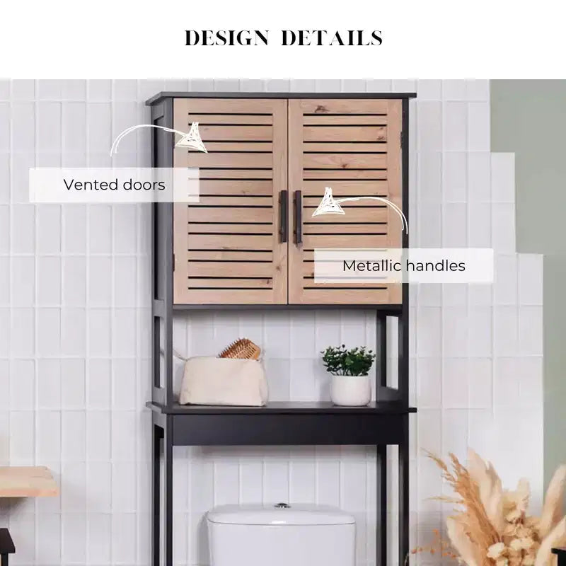 Armadietto pensile per bagno salvaspazio da mettere sopra il WC, con doppie ante a persiana e ripiano a vista, Nero e Marrone