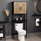 Armadietto pensile per bagno salvaspazio da mettere sopra il WC, con doppie ante a persiana e ripiano a vista, Nero e Marrone