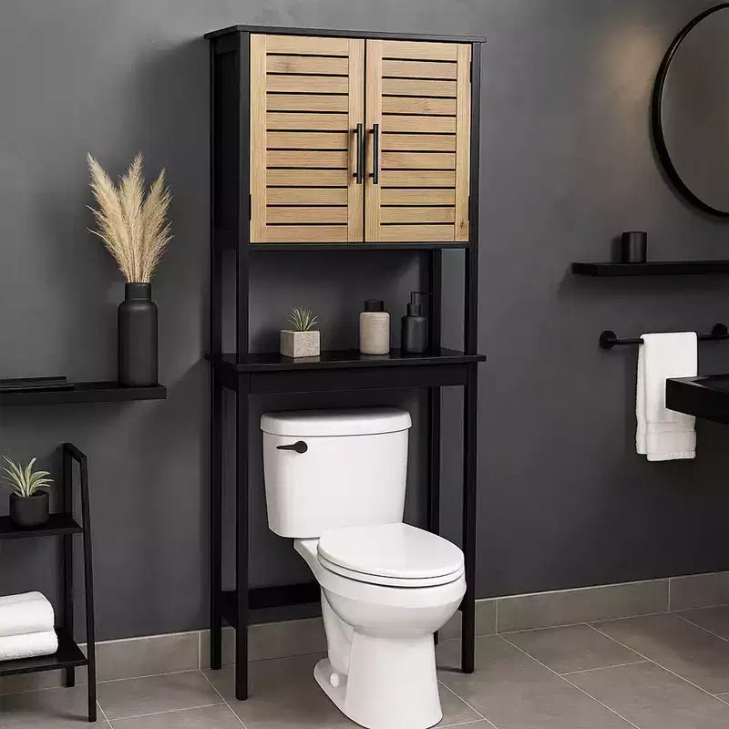 Armadietto pensile per bagno salvaspazio da mettere sopra il WC, con doppie ante a persiana e ripiano a vista, Nero e Marrone