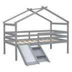 Letto a soppalco basso per ragazzi con scivolo, scala, ringhiere di sicurezza, struttura a tetto in stile casetta, 81.7L x 67.6W