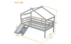 Letto a soppalco basso per ragazzi con scivolo, scala, ringhiere di sicurezza, struttura a tetto in stile casetta, 81.7L x 67.6W