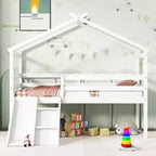 Letto a soppalco basso per ragazzi con scivolo, scala, ringhiere di sicurezza, struttura a tetto in stile casetta, 81.7L x 67.6W