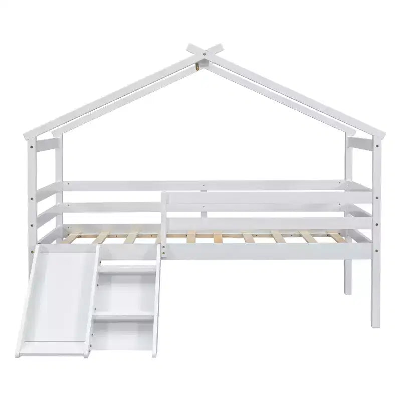 Letto a soppalco basso per ragazzi con scivolo, scala, ringhiere di sicurezza, struttura a tetto in stile casetta, 81.7L x 67.6W
