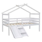 Letto a soppalco basso per ragazzi con scivolo, scala, ringhiere di sicurezza, struttura a tetto in stile casetta, 81.7L x 67.6W