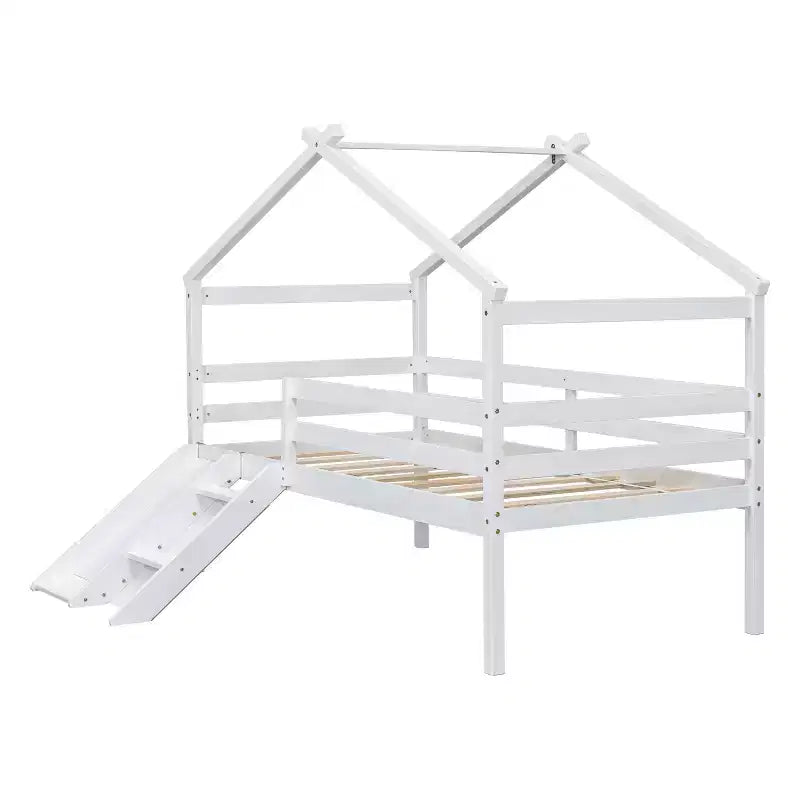 Letto a soppalco basso per ragazzi con scivolo, scala, ringhiere di sicurezza, struttura a tetto in stile casetta, 81.7L x 67.6W