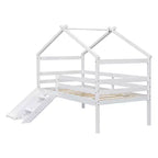 Letto a soppalco basso per ragazzi con scivolo, scala, ringhiere di sicurezza, struttura a tetto in stile casetta, 81.7L x 67.6W