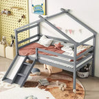 Letto a soppalco basso per ragazzi con scivolo, scala, ringhiere di sicurezza, struttura a tetto in stile casetta, 81.7L x 67.6W