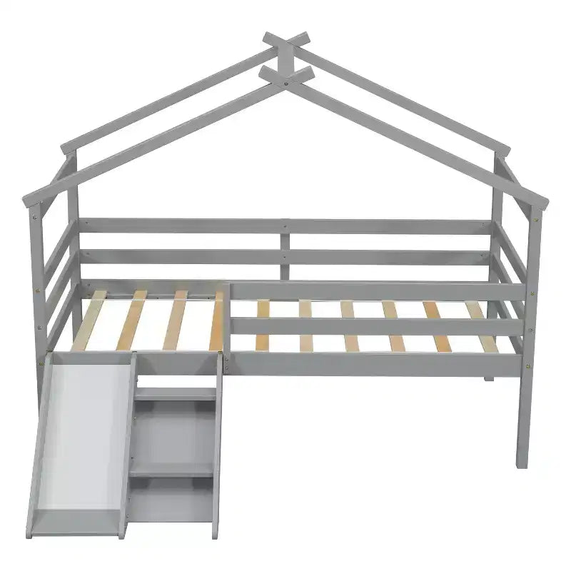 Letto a soppalco basso per ragazzi con scivolo, scala, ringhiere di sicurezza, struttura a tetto in stile casetta, 81.7L x 67.6W