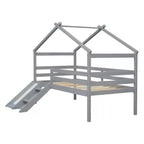 Letto a soppalco basso per ragazzi con scivolo, scala, ringhiere di sicurezza, struttura a tetto in stile casetta, 81.7L x 67.6W