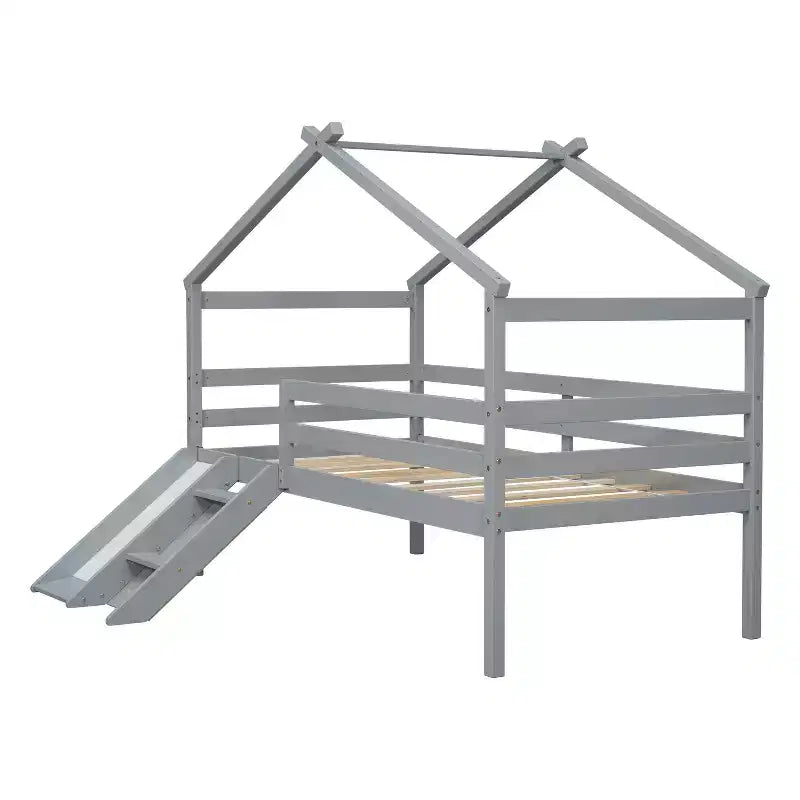Letto a soppalco basso per ragazzi con scivolo, scala, ringhiere di sicurezza, struttura a tetto in stile casetta, 81.7L x 67.6W