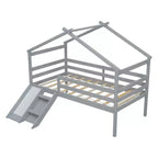 Letto a soppalco basso per ragazzi con scivolo, scala, ringhiere di sicurezza, struttura a tetto in stile casetta, 81.7L x 67.6W