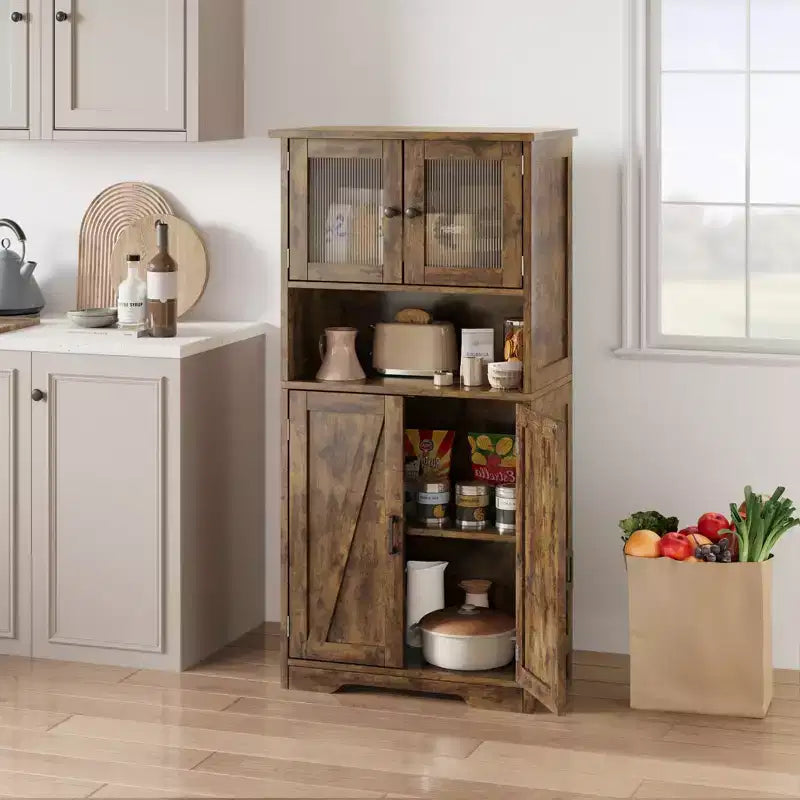Credenza con ante in vetro Hutch, mobile dispensa alto 54" con ripiani regolabili per soggiorno