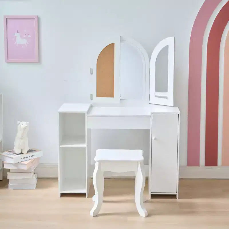 Toeletta in Legno Deluxe Glow con Specchio LED, Contenitore e Sgabello, Bianco