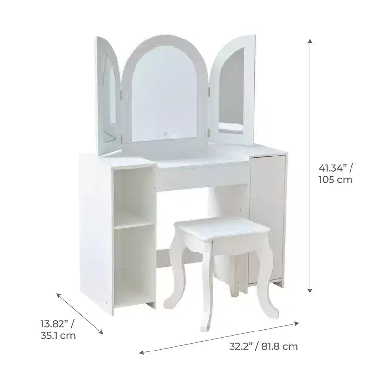Toeletta in Legno Deluxe Glow con Specchio LED, Contenitore e Sgabello, Bianco