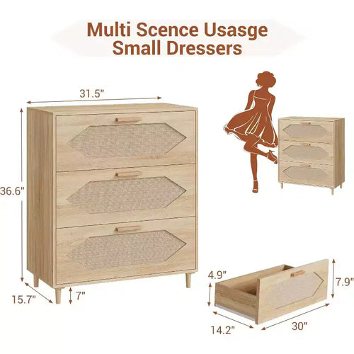 Cassettiera in Rattan a 3 Cassetti, Comò Rustico in Legno di Rovere con Frontali Intrecciati, Mobile Contenitore Moderno per Camera da Letto, Soggiorno o Ingresso