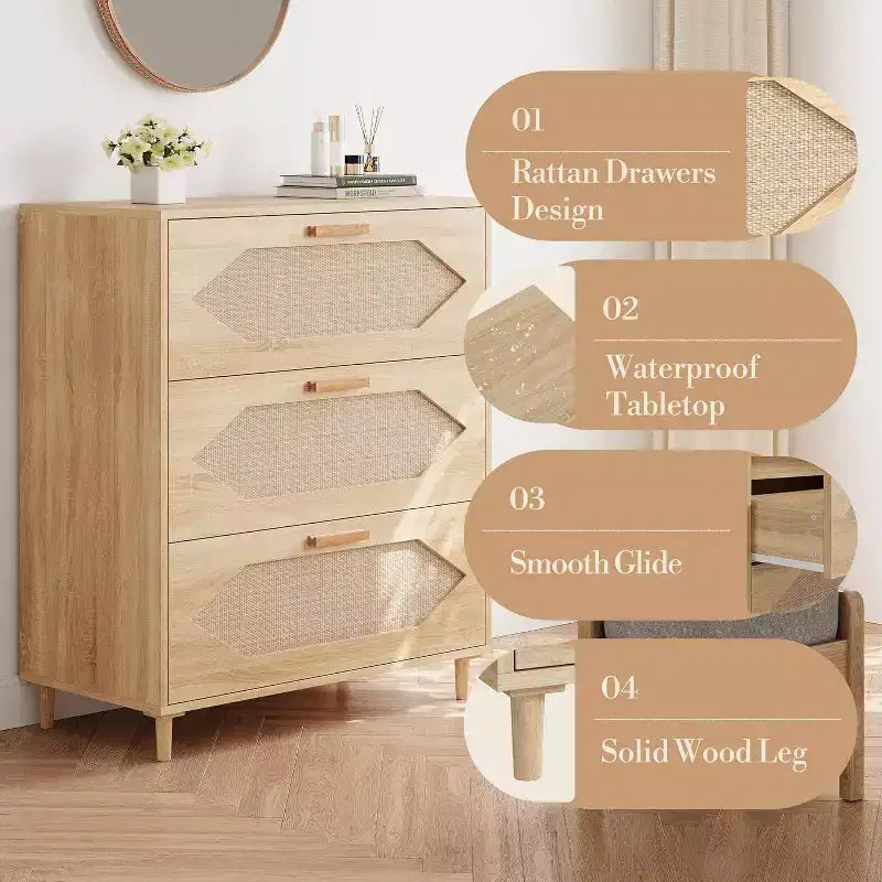 Cassettiera in Rattan a 3 Cassetti, Comò Rustico in Legno di Rovere con Frontali Intrecciati, Mobile Contenitore Moderno per Camera da Letto, Soggiorno o Ingresso