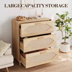 Cassettiera in Rattan a 3 Cassetti, Comò Rustico in Legno di Rovere con Frontali Intrecciati, Mobile Contenitore Moderno per Camera da Letto, Soggiorno o Ingresso