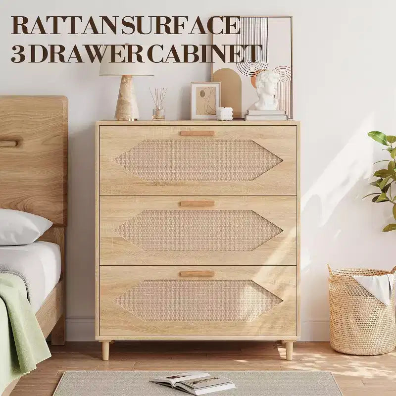 Cassettiera in Rattan a 3 Cassetti, Comò Rustico in Legno di Rovere con Frontali Intrecciati, Mobile Contenitore Moderno per Camera da Letto, Soggiorno o Ingresso