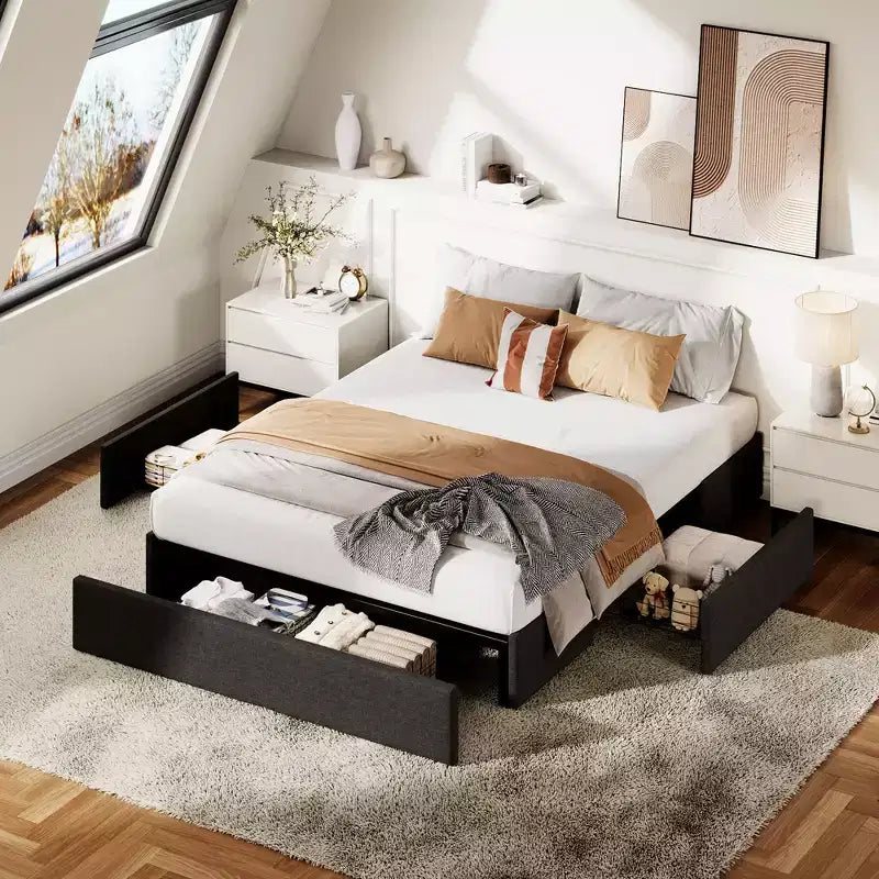 COZONY Bed Frame with 3 Storage Drawers, Fabric Upholstered Platform Bed with Wooden Slats, No Box Spring Needed, Easy Assembly, Grey