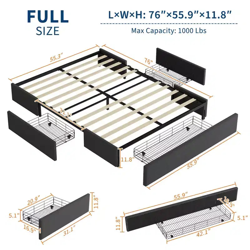 Struttura letto con 3 cassetti portaoggetti, letto a piattaforma rivestito in tessuto con doghe in legno, non necessita di rete, facile montaggio, grigio