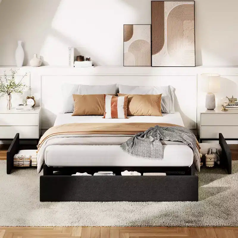 Struttura letto con 3 cassetti portaoggetti, letto a piattaforma rivestito in tessuto con doghe in legno, non necessita di rete, facile montaggio, grigio