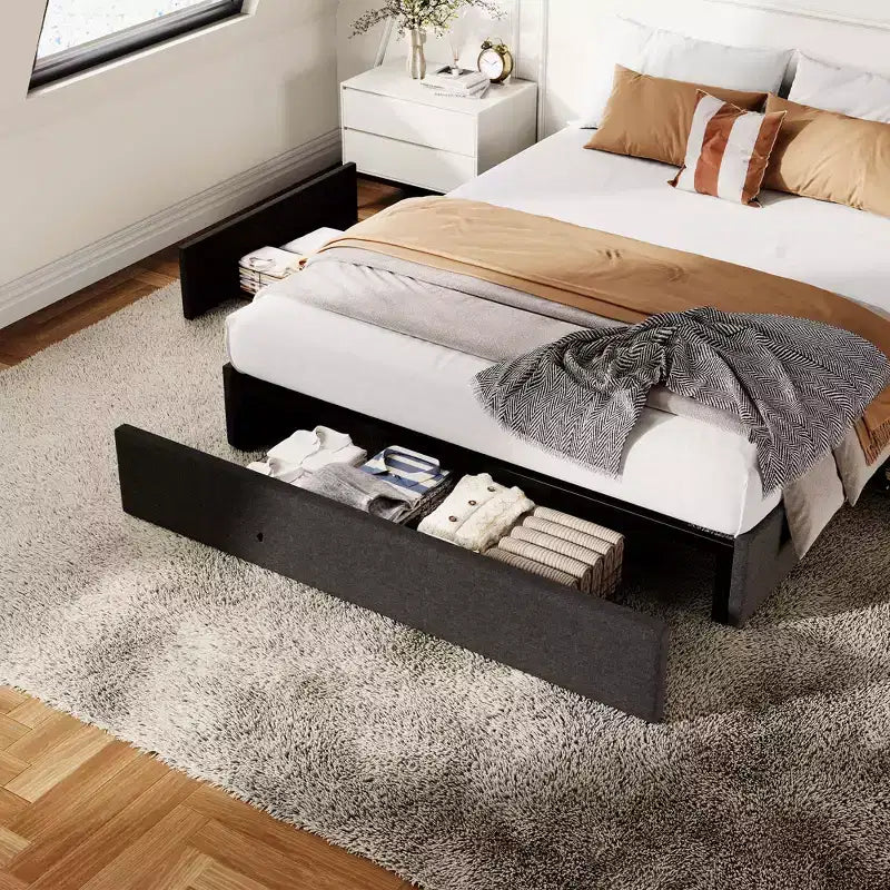 Struttura letto con 3 cassetti portaoggetti, letto a piattaforma rivestito in tessuto con doghe in legno, non necessita di rete, facile montaggio, grigio