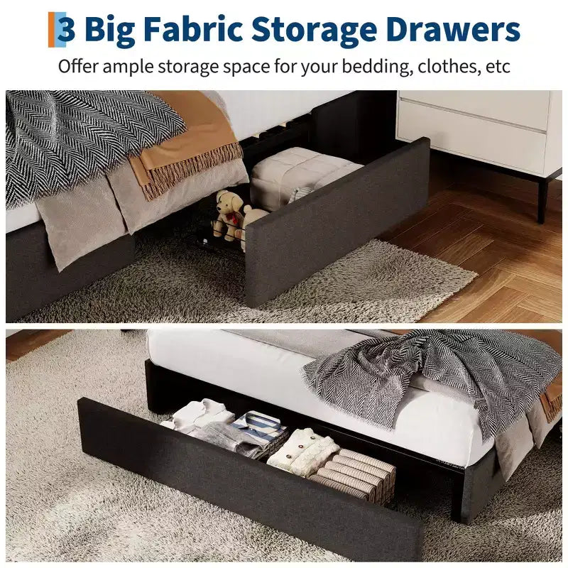 Struttura letto con 3 cassetti portaoggetti, letto a piattaforma rivestito in tessuto con doghe in legno, non necessita di rete, facile montaggio, grigio