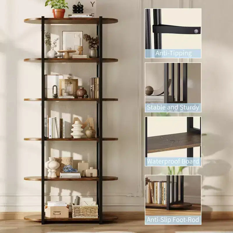 Libreria industriale a 6 ripiani - Scaffale alto 180 cm con struttura in metallo e ripiani in MDF, libreria autoportante per soggiorno, camera da letto, casa
