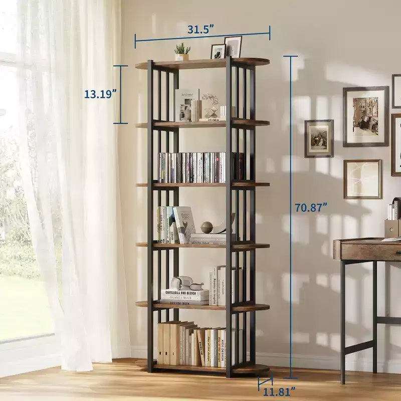 Libreria industriale a 6 ripiani - Scaffale alto 180 cm con struttura in metallo e ripiani in MDF, libreria autoportante per soggiorno, camera da letto, casa