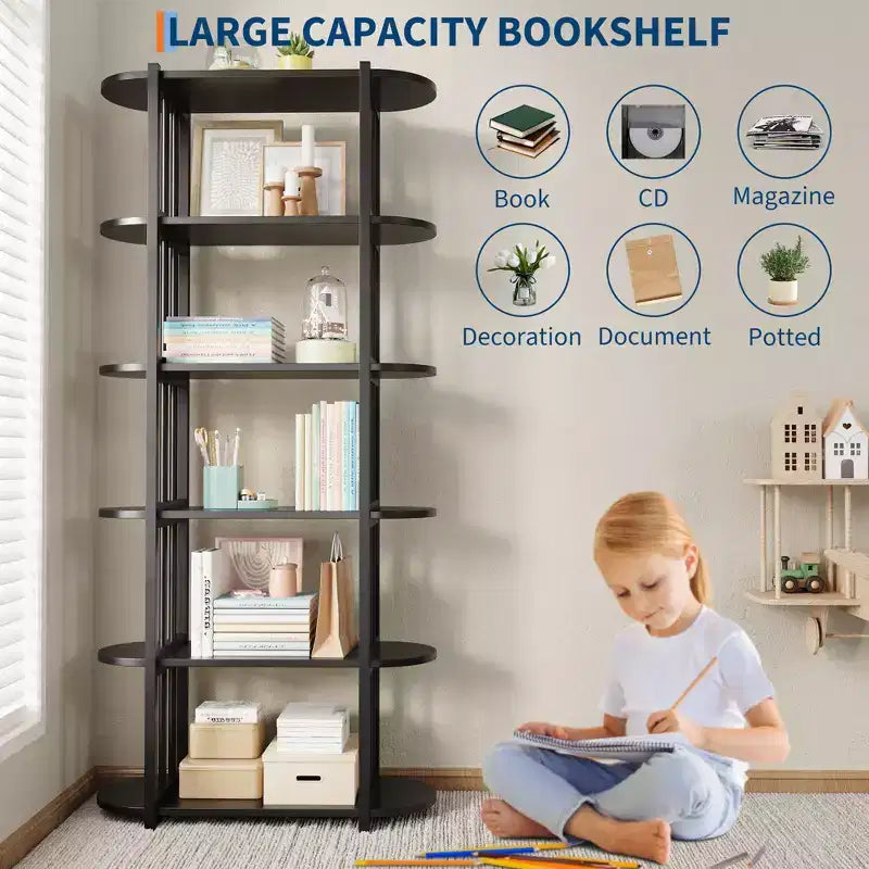 Libreria industriale a 6 ripiani - Scaffale alto 180 cm con struttura in metallo e ripiani in MDF, libreria autoportante per soggiorno, camera da letto, casa
