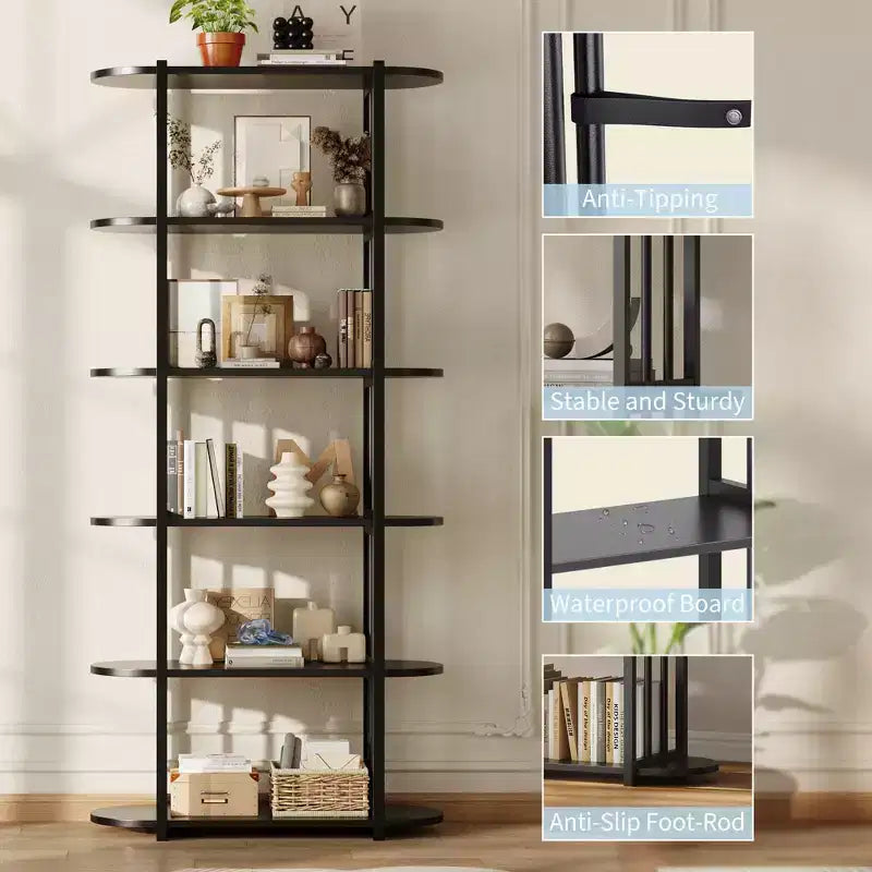 Libreria industriale a 6 ripiani - Scaffale alto 180 cm con struttura in metallo e ripiani in MDF, libreria autoportante per soggiorno, camera da letto, casa