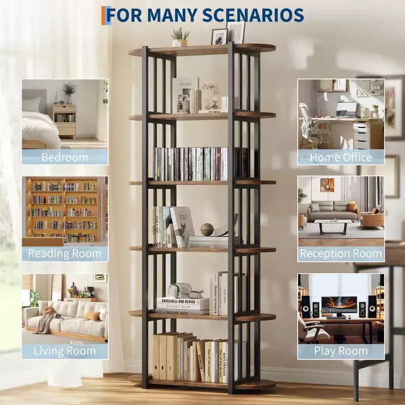 Libreria industriale a 6 ripiani - Scaffale alto 180 cm con struttura in metallo e ripiani in MDF, libreria autoportante per soggiorno, camera da letto, casa