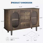 Mobile credenza da 120 cm con 2 ante in vetro scanalato e 3 cassetti, mobile bar da caffè moderno stile fattoria con ripiani regolabili