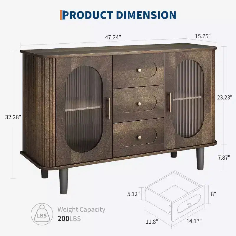 Mobile credenza da 120 cm con 2 ante in vetro scanalato e 3 cassetti, mobile bar da caffè moderno stile fattoria con ripiani regolabili