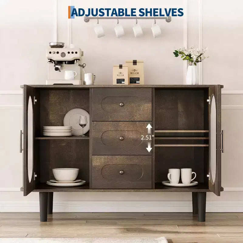 Mobile credenza da 120 cm con 2 ante in vetro scanalato e 3 cassetti, mobile bar da caffè moderno stile fattoria con ripiani regolabili