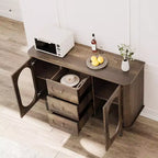 Mobile credenza da 120 cm con 2 ante in vetro scanalato e 3 cassetti, mobile bar da caffè moderno stile fattoria con ripiani regolabili