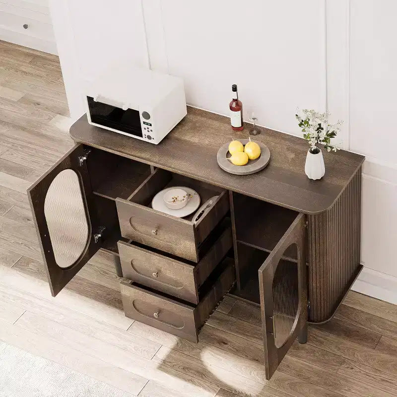 Mobile credenza da 120 cm con 2 ante in vetro scanalato e 3 cassetti, mobile bar da caffè moderno stile fattoria con ripiani regolabili